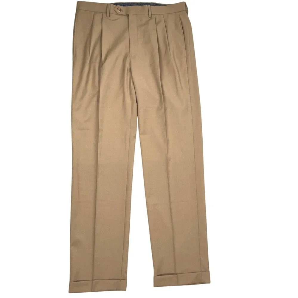 Lauren Ralph Lauren Dress Pants Mens 34W 32L Tan Performance Pleat Wool Stretch